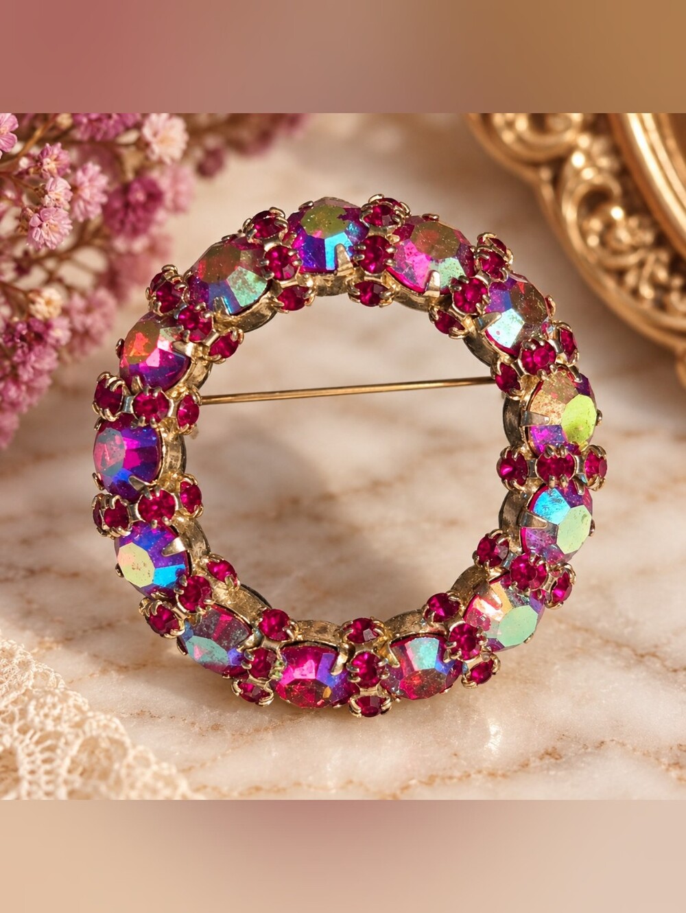 Vintage WARNER Aurora Borealis Rhinestone Wreath Brooch Pin Pink Fuchsia